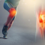 Picture of runner's legs with sore knee joint, inflamed with red and orange and another picture of a knee joint with red inflammation around the bone